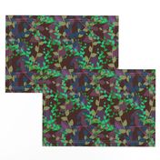 Abstract floral pattern with autumn leaves in green, blue and brown colors