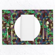 Abstract floral pattern with autumn leaves in green, blue and brown colors