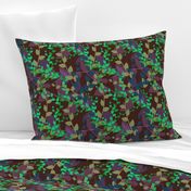 Abstract floral pattern with autumn leaves in green, blue and brown colors