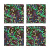 Abstract floral pattern with autumn leaves in green, blue and brown colors