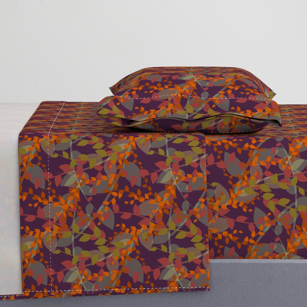 Abstract floral pattern with autumn leaves in orange and violet colors