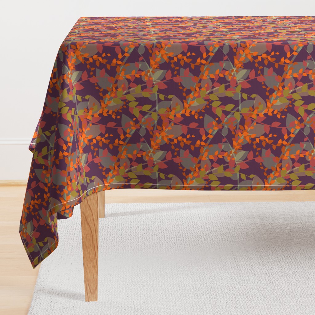 Abstract floral pattern with autumn leaves in orange and violet colors