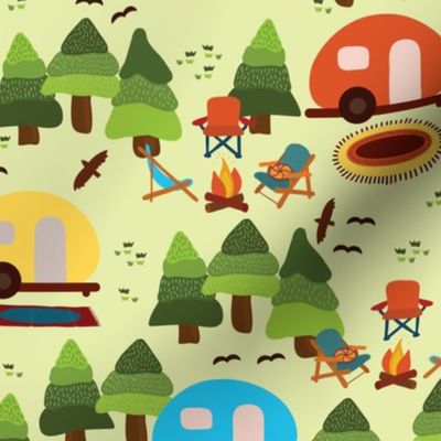 Campsite with caravans, campfire, camping chairs, trees, carpet, birds. Camping in the forest. Campground. Camping trailers. RV. Camp night.