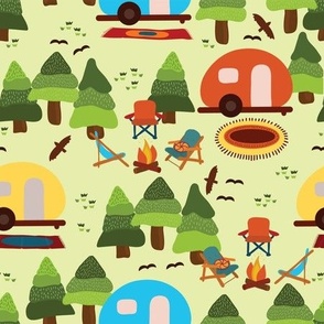 Campsite with caravans, campfire, camping chairs, trees, carpet, birds. Camping in the forest. Campground. Camping trailers. RV. Camp night.