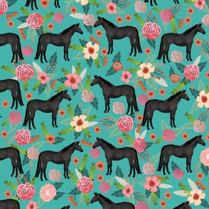Horse black coat floral flowers horses fabric teal