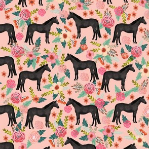Horse black coat floral flowers horses fabric pink