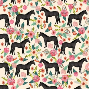 Horse black coat floral flowers horses fabric tan