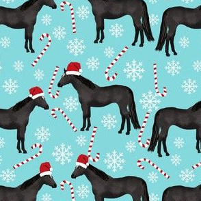 Horse black coat peppermint christmas holiday horses fabric blue