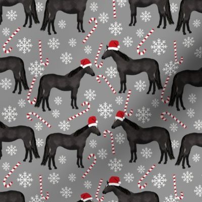Horse black coat peppermint christmas holiday horses fabric grey