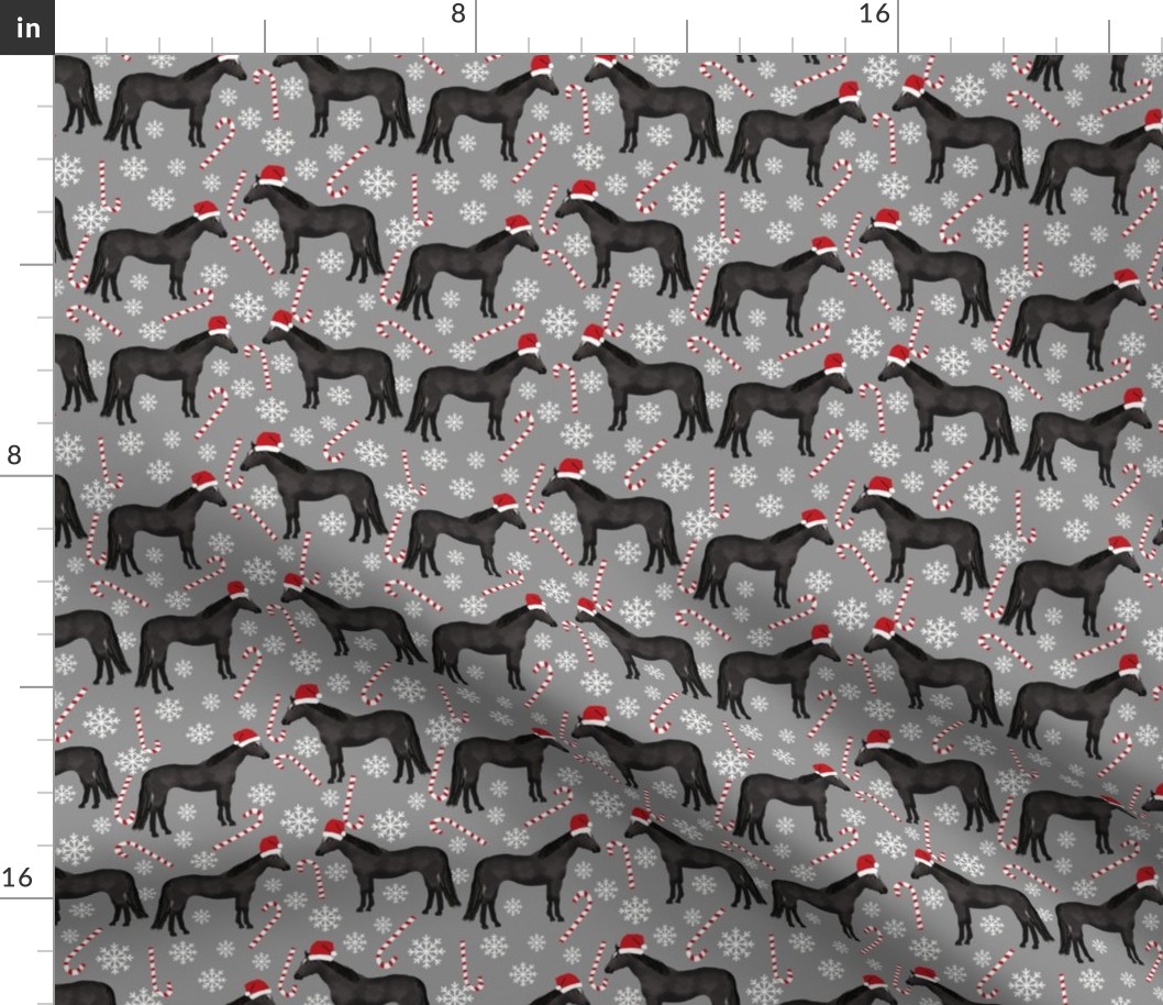 Horse black coat peppermint christmas holiday horses fabric grey