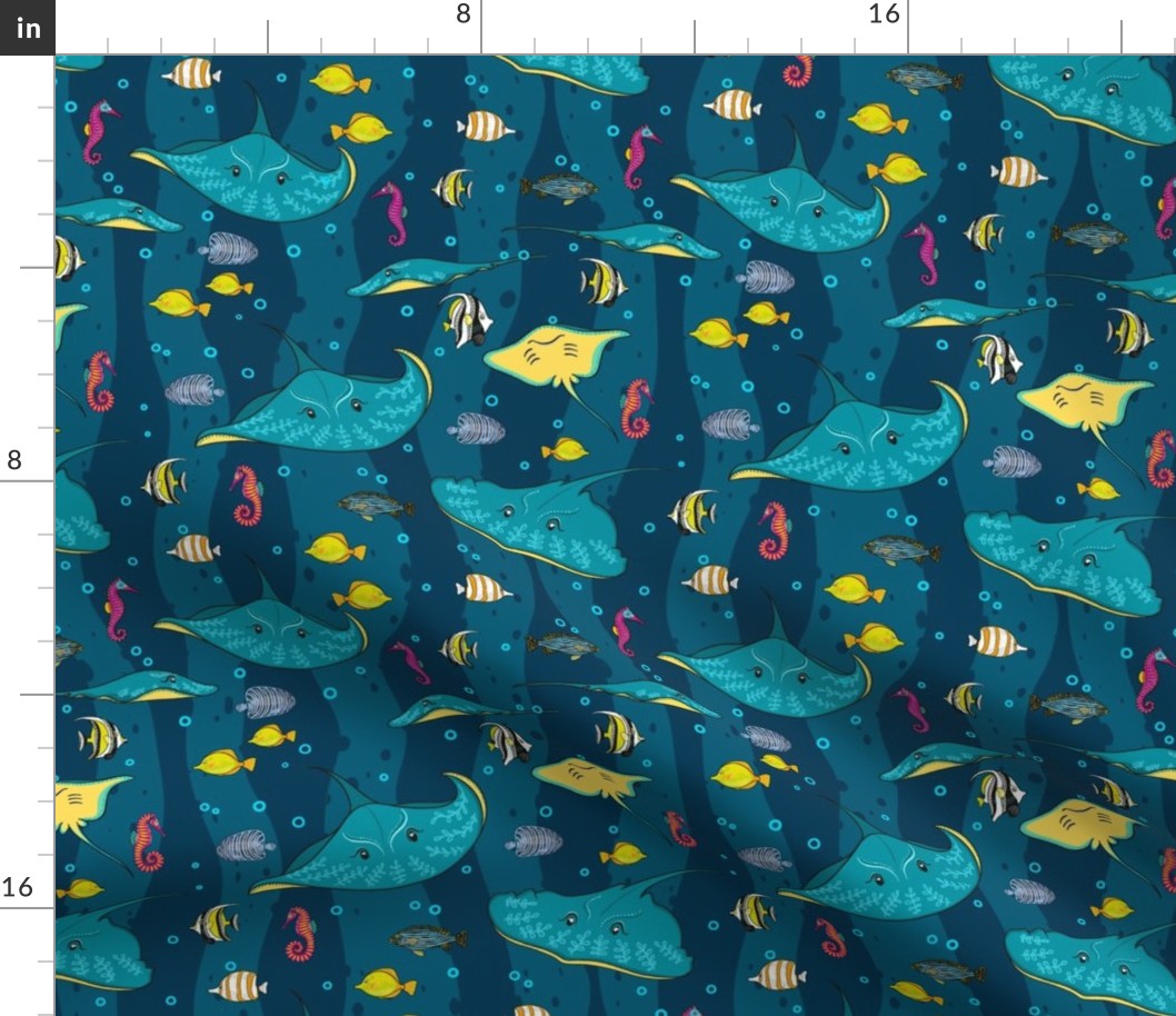 Decorative seamless pattern with sea fish on blue background.