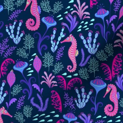 Seahorses, seaweed on a dark blue background. 