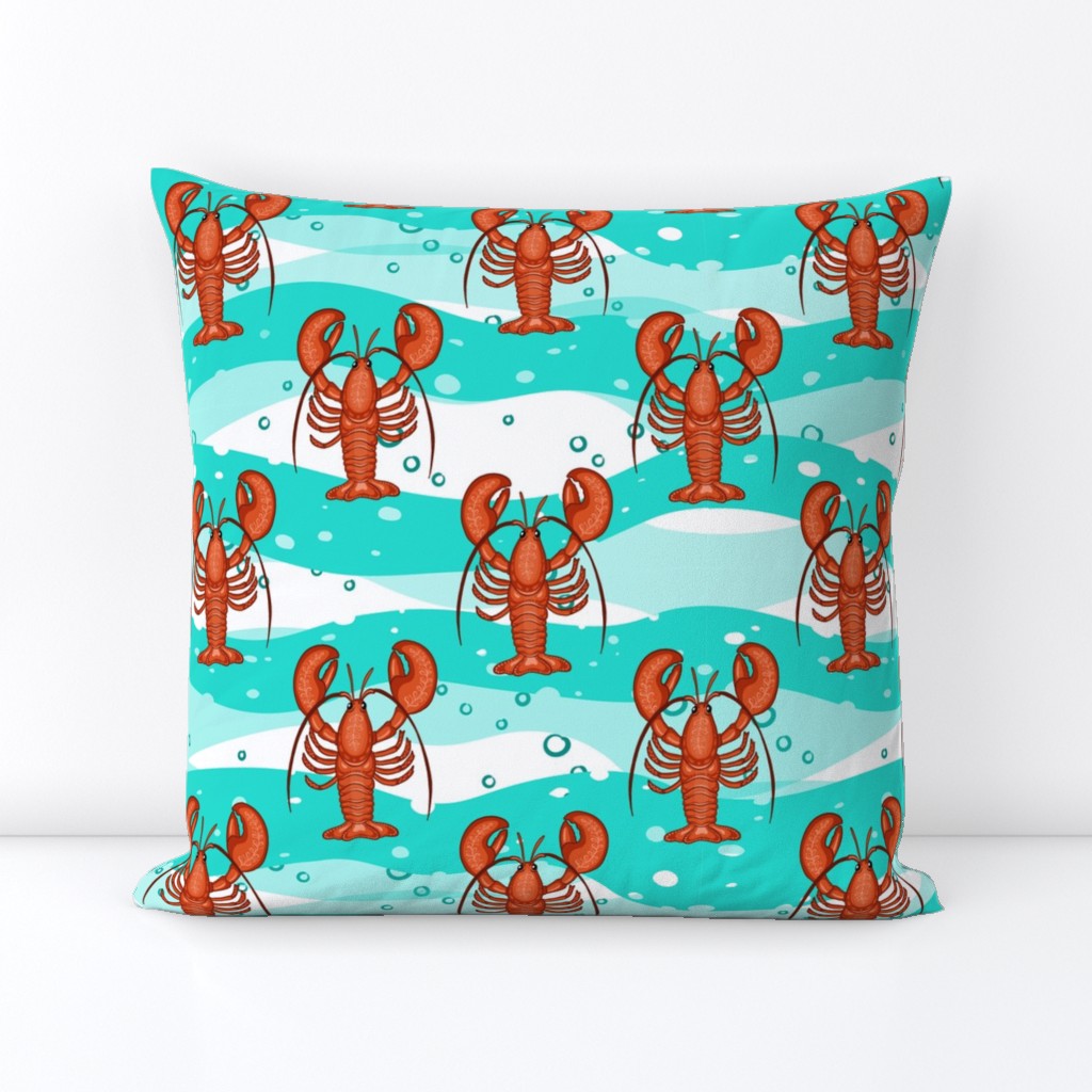 Lobsters with ornaments on the background of turquoise waves.