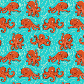  Fun orange octopus, algae on turquoise background.