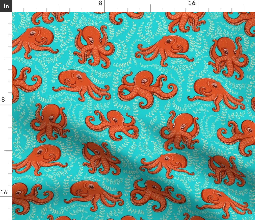  Fun orange octopus, algae on turquoise background.