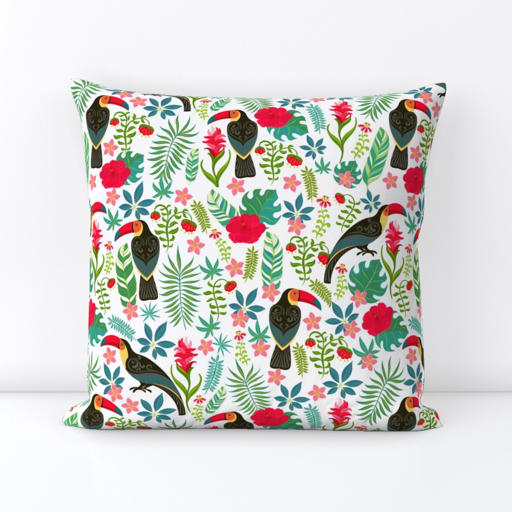 Decorative pattern with toucans, tropical flowers and leaves