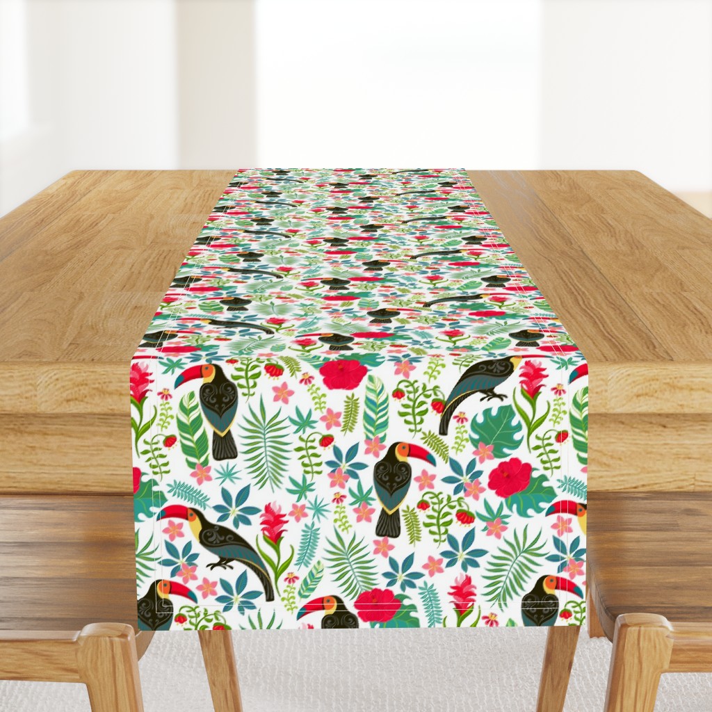 Decorative pattern with toucans, tropical flowers and leaves