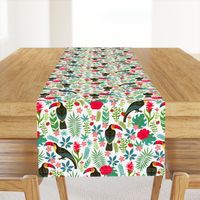 Decorative pattern with toucans, tropical flowers and leaves