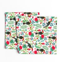 Decorative pattern with toucans, tropical flowers and leaves