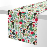 Decorative pattern with toucans, tropical flowers and leaves