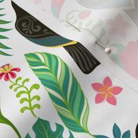 Decorative pattern with toucans, tropical flowers and leaves