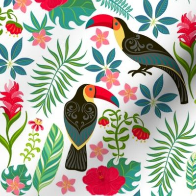 Decorative pattern with toucans, tropical flowers and leaves