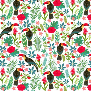 Decorative pattern with toucans, tropical flowers and leaves