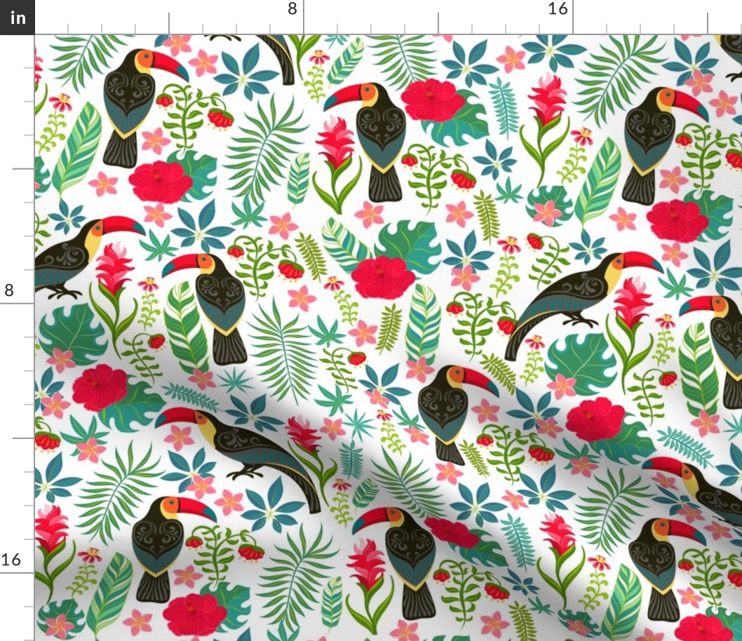 Decorative pattern with toucans, tropical flowers and leaves