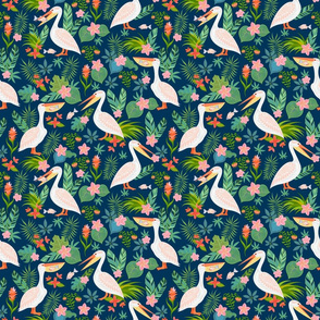 Decorative seamless pattern with pelicans, tropical flowers and leaves.