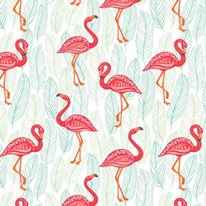 Pink flamingos decorated with ornaments on blue patterned background.