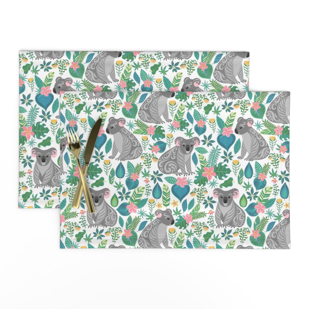 Cute grey koalas with ornaments, tropical flowers and leaves. 