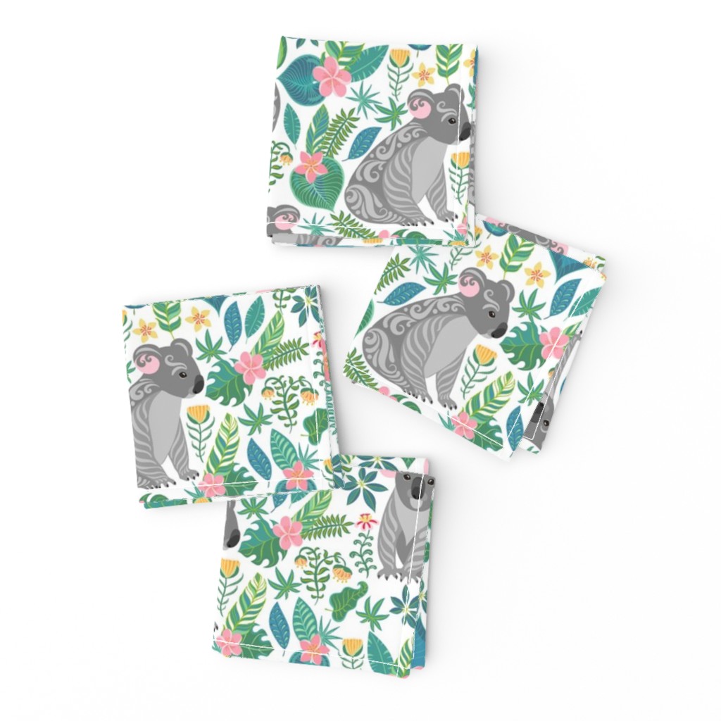 Cute grey koalas with ornaments, tropical flowers and leaves. 