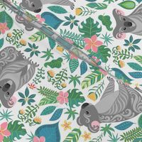 Cute grey koalas with ornaments, tropical flowers and leaves. 