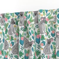 Cute grey koalas with ornaments, tropical flowers and leaves. 