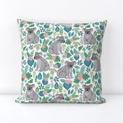 Cute grey koalas with ornaments, tropical flowers and leaves. 