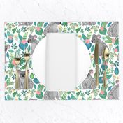 Cute grey koalas with ornaments, tropical flowers and leaves. 