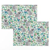 Cute grey koalas with ornaments, tropical flowers and leaves. 