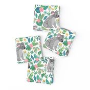 Cute grey koalas with ornaments, tropical flowers and leaves. 
