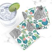 Cute grey koalas with ornaments, tropical flowers and leaves. 