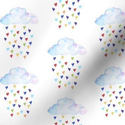 Clouds Raining Rainbow Hearts - One White