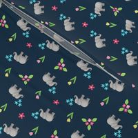 Little Elephants Flowers on dark navy-grey