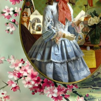 cherry blossoms sakura trees gold frame pink victorian bonnets hats beautiful young woman lady flowers floral bows blue gowns 19th century garden white green gilt houses romantic beauty vintage antique elegant gothic lolita egl layered crinoline puffy ski