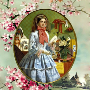 cherry blossoms sakura trees gold frame pink victorian bonnets hats beautiful young woman lady flowers floral bows blue gowns 19th century garden white green gilt houses romantic beauty vintage antique elegant gothic lolita egl layered crinoline puffy ski