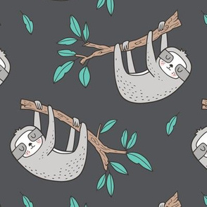 Sloth Sloths on Tree Branch with Leaves on Dark Grey