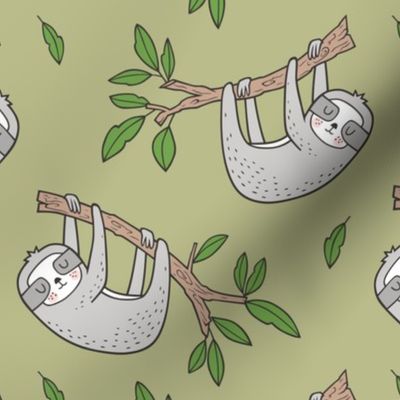 Sloth Sloths on Tree Branch with Leaves on Light Olive Green