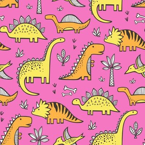 Dinosaurs in Orange Yellow on Dark Pink