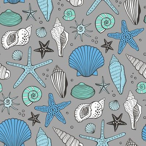 Seashells Nautical Ocean Shells Blue Mint Green on Grey