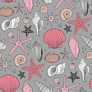 Seashells Nautical Ocean Shells Pink on Grey