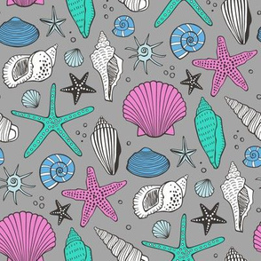 Seashells Nautical Ocean Shells Dark Pink Mint Green Blue on Grey