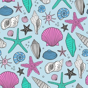 Seashells Nautical Ocean Shells Dark Pink Mint Green Blue on Blue
